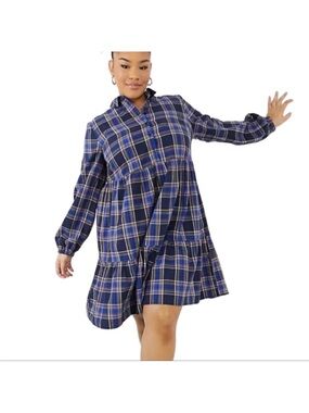 NWOT New Look Blue Plaid Button-Front Tiered Cotton Shirt Dress